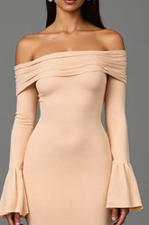 Schulterfreies Gerüschtes Aprikose Gerafftes Abendkleid